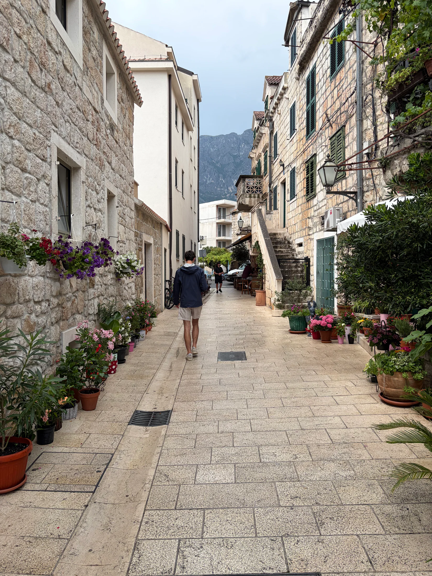 A narrow stone street lined with flowers on Croatia's Dalmatian coast